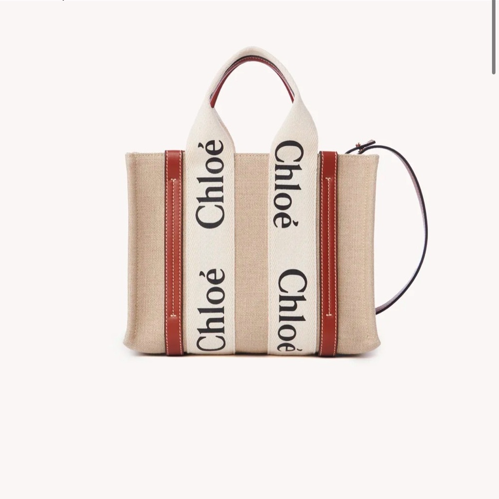 CHLOÉ Beige/Brown Small Woody Cotton and Calfskin Leather Tote Bag